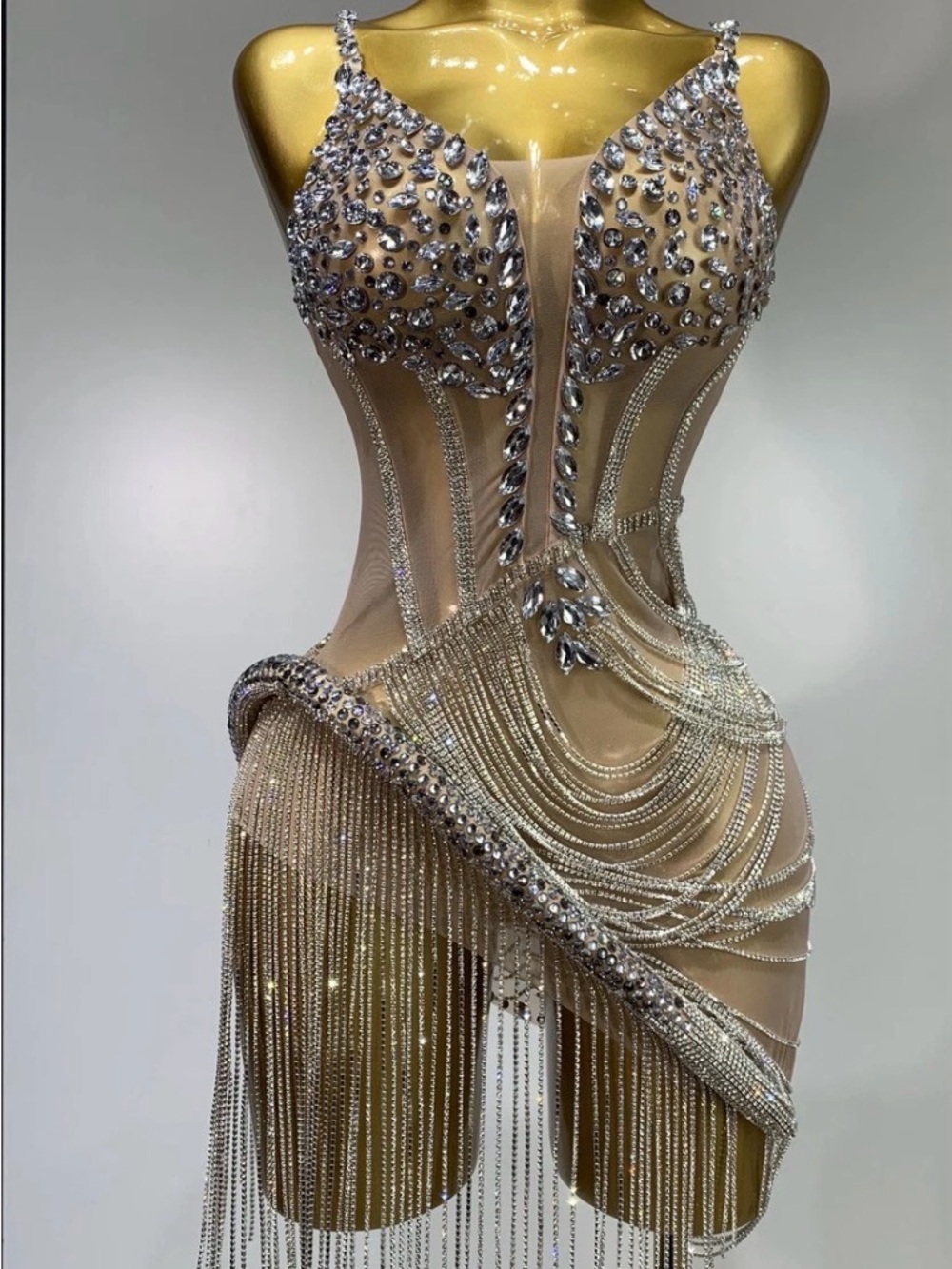 Nude Crystal-Embellished Asymmetrical Fringe Dress